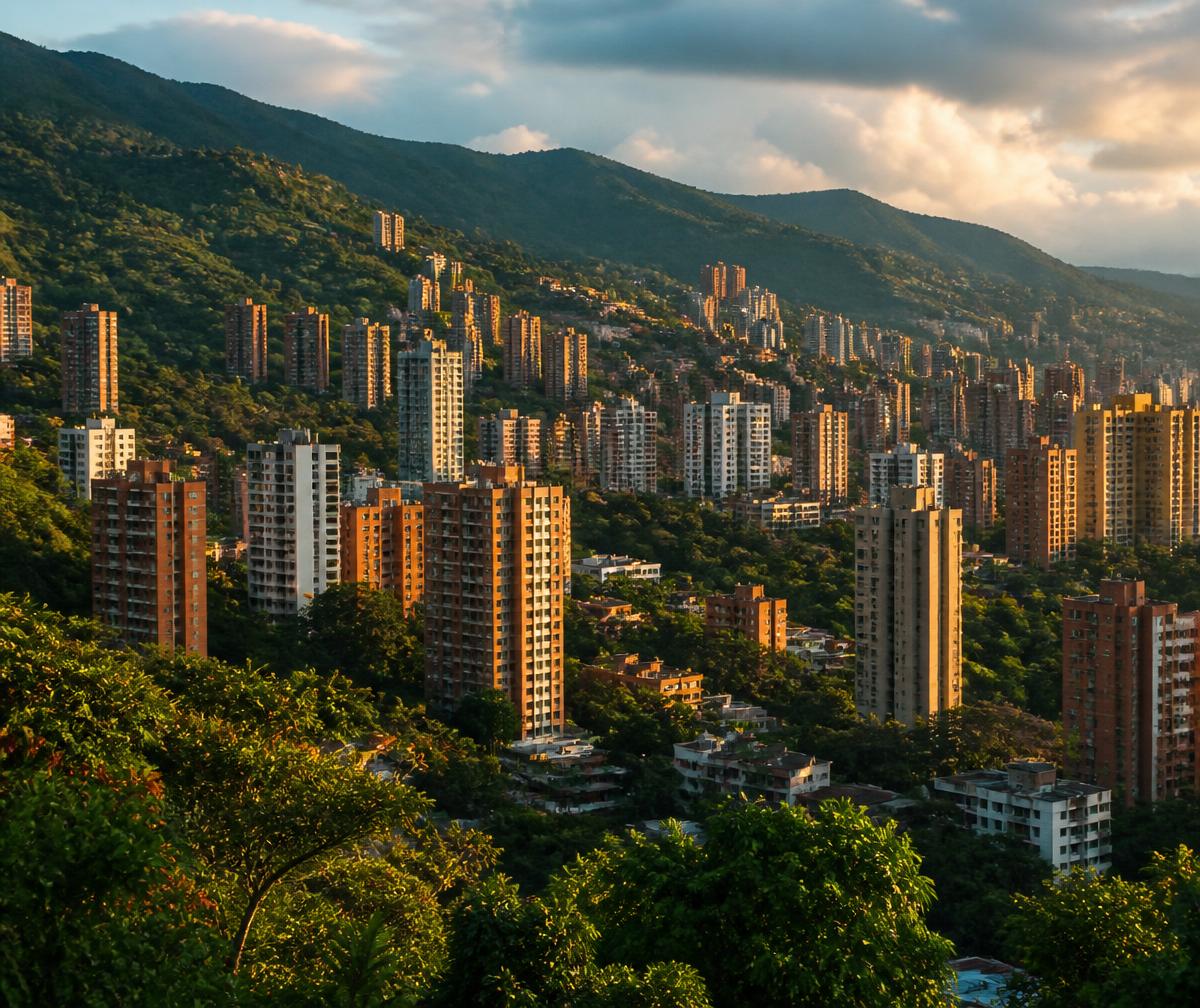 Medellín high-rise towers in the green Aburrá valley at golden hour